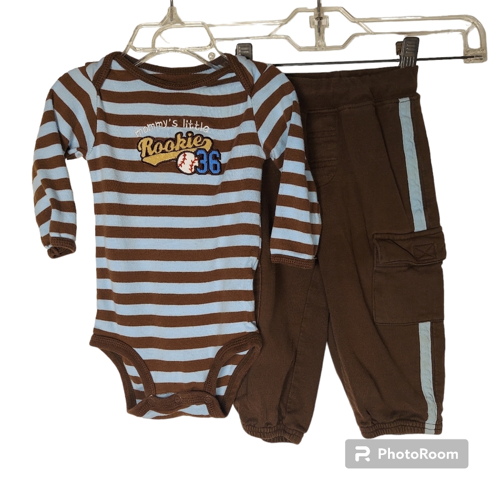 Carters Brown/Blue Baseball Long Sleeve Onesie with Brown Long Pants Set